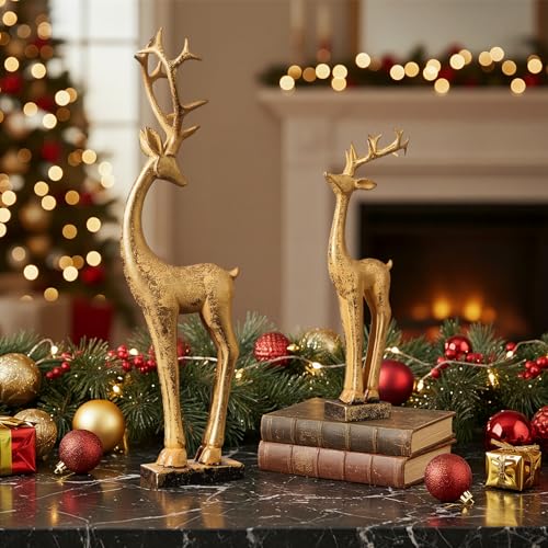 Christmas Gold Reindeer Figurines - Set of 2 Elegant Resin Holiday Centerpieces