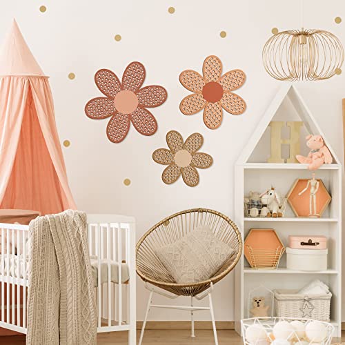 3-Piece Boho Daisy Wall Decor Set, Wooden Rattan Floral Nursery Art