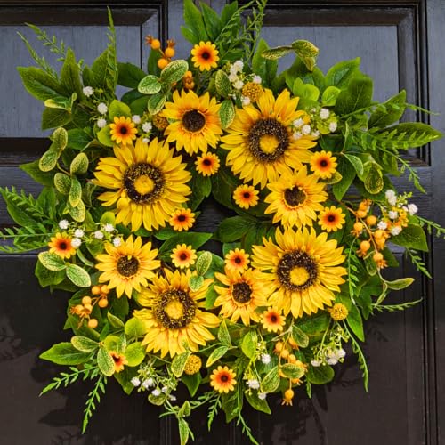 Sunflower Wreath for Front Door 24 Inch Spring Summer Outdoor Decor Handmade