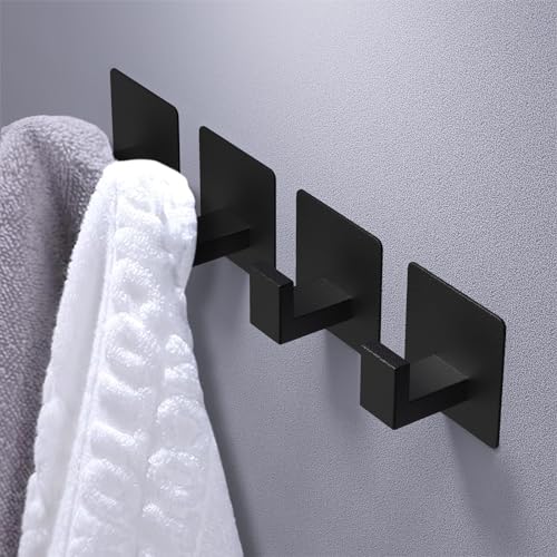 4-Pack Adhesive Wall Hooks - Heavy Duty Space Aluminum Towel Hooks (Black)