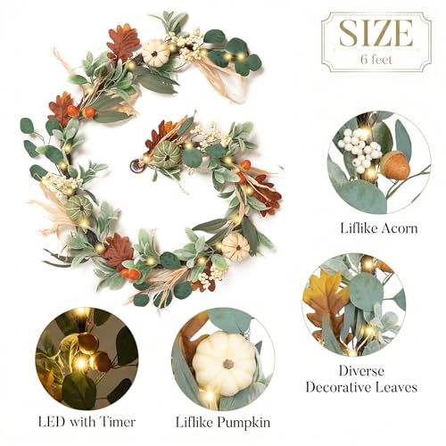6ft Pre-Lit Fall Garland with Pumpkins & Warm LED Lights for Mantle