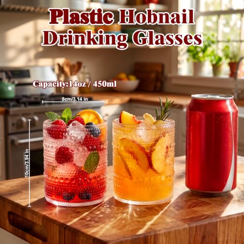 18-Piece Hobnail Plastic Drinking Glasses - 14 oz Vintage Beaded Party Cups