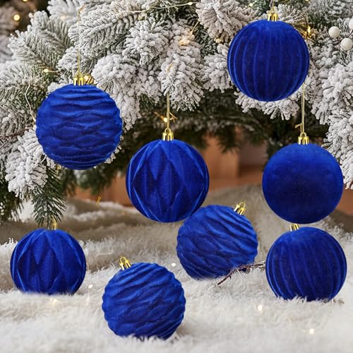 Liliful 12 Pcs Velvet Christmas Ball Ornaments, 4 Inch Blue - Shatterproof, Flocked Velvet Texture