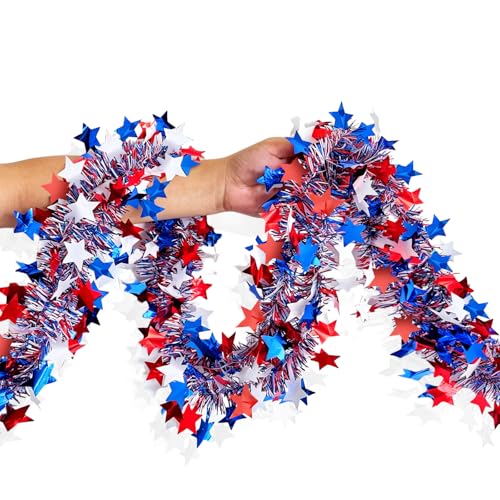 Patriotic 4th of July Tinsel Garland - 50ft Red White & Blue Metallic Decor