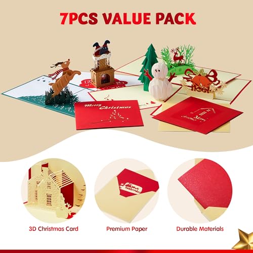 JOYIN 7 Pack 3D Christmas Greeting Cards with Envelopes - Festive Holiday Notes
