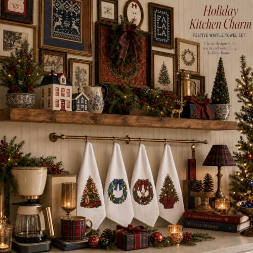 CrystalSylara Christmas Dish Towels Set of 4 - Classic Holiday Kitchen Decor