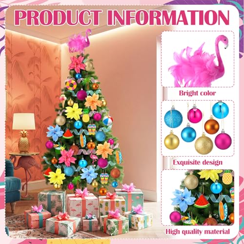 65 Pcs Tropical Summer Christmas Tree Ornaments Set with Flamingo Topper