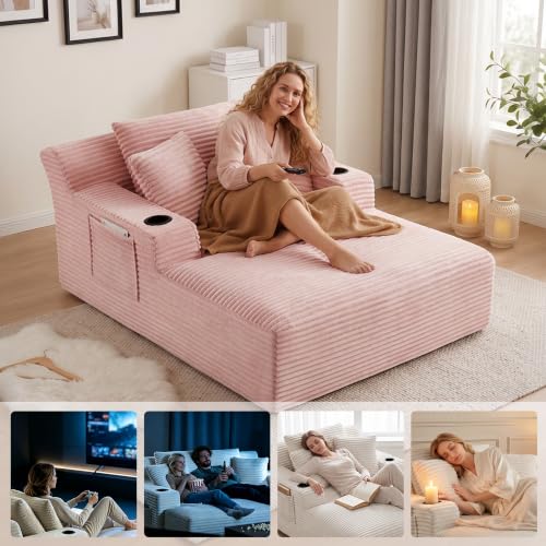 66" Oversized Corduroy Chaise Lounge Chair with Cup Holders and Storage