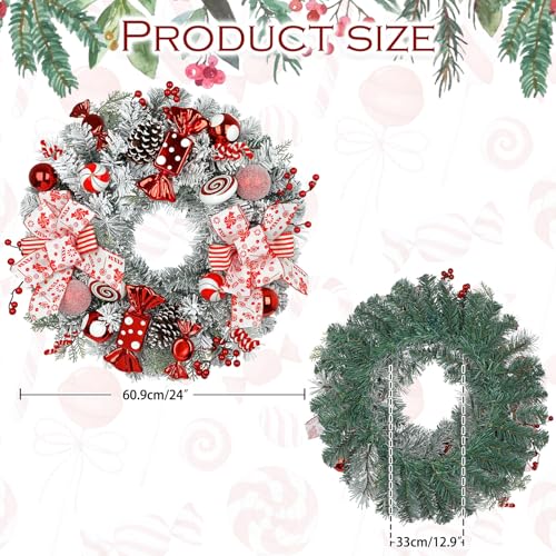 Arborus 24" Artificial Christmas Wreath with Red Candy Accents, Double Ribbon Bows, Pine Cones & Ornaments – White Cedar Base (Variation: Wreath)