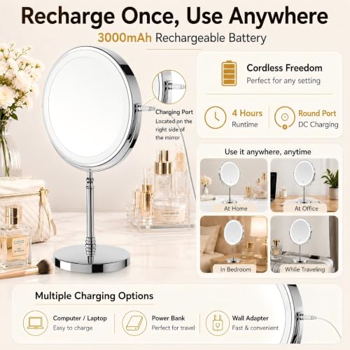 DEIOVWXS Makeup Mirror, Rechargeable Vanity Mirror with 3 Lights,