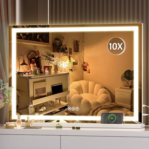 Hasipu White 28x20 Inch LED Lighted Makeup Vanity Mirror with Dimmable Touch Control