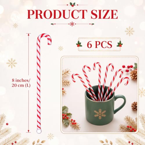 SiliFine 8-Inch Christmas Candy Cane Glass Drink Stirrers - Pack of 6, White and Red