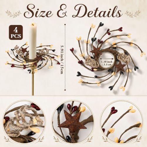YLOLUL Primitive 4-Piece Mini Pip Twig Candle Ring Wreath Set - Rustic Decor