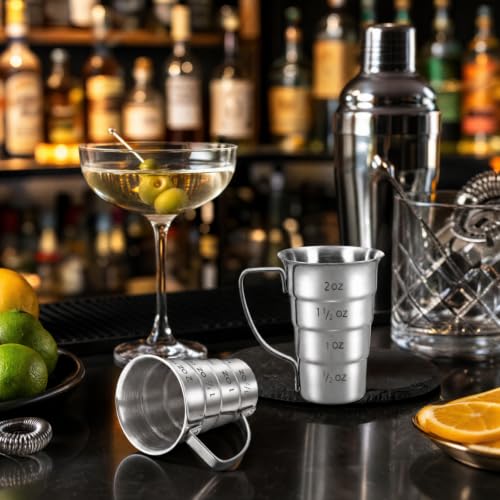 ELFULLY 4-Piece Stainless Steel 2oz Cocktail Jiggers with Handle – Bar & Bartending Tools
