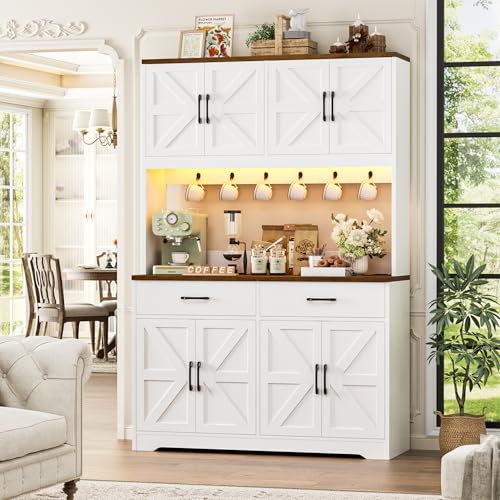 71" Tall Farmhouse Pantry Cabinet with Charging Station & LED Lights