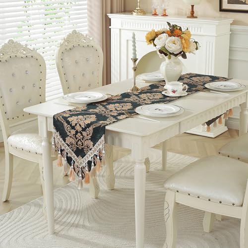 Dark Green Floral Jacquard Table Runner with Multi-Tassels - Elegant Home Decor