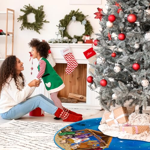 48 Inch Blue Christmas Tree Skirt with Nativity Scene - Christain Holiday Decor