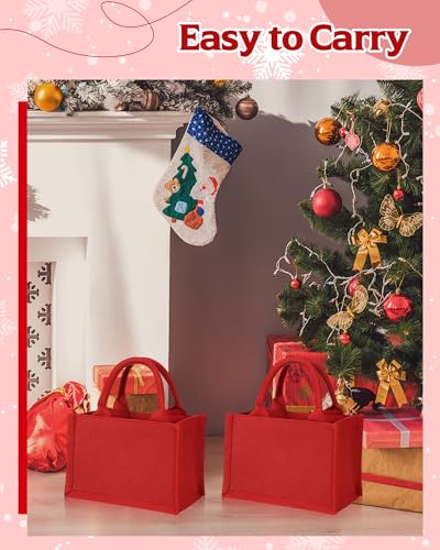 Cunno 12 Pcs Burlap Tote Bags with Handles, Small Reusable Jute Gift Bags, 9.06 x 5.12 x 6.3 cm, Red Style