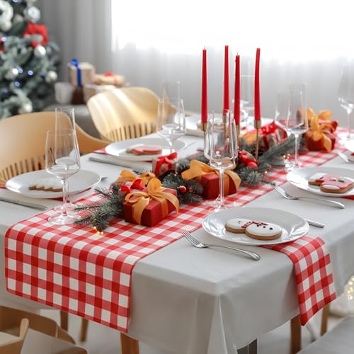 Tinlade Red White Gingham Paper Table Runner Roll 25ft x 16in - Festive Holiday Decor