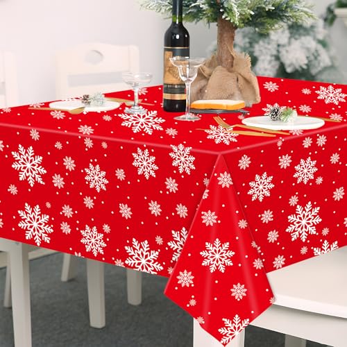 Temicle Red and White Snowflake Plastic Tablecloth 54 x 108 Inches Holiday Disposable Cover