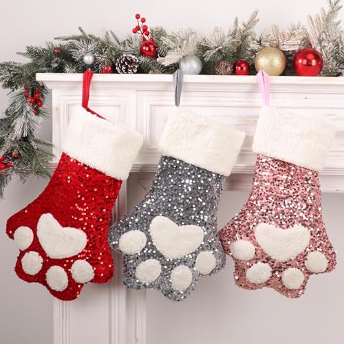 Set of 3 Multicolor Paw Christmas Stockings 18'' - Sparkling Sequin Pet Holiday Decor