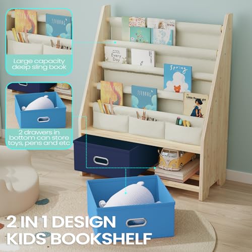 4-Tier Kids Bookshelf and Toy Organizer with Storage Bins, Solid Pine Wood