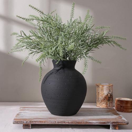 Black Ceramic Flower Vase - 7.4" Handcrafted Farmhouse Table Decor