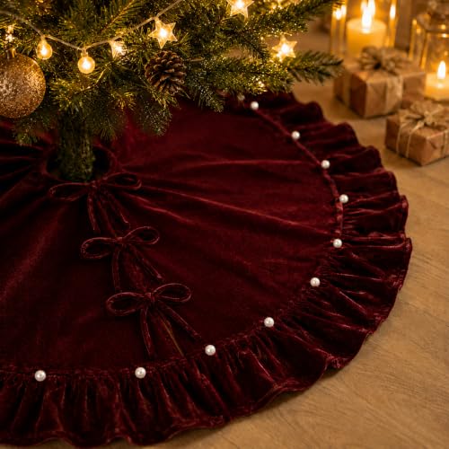 59 Inch Burgundy Velvet Christmas Tree Skirt with Pearl Trim Edge & Bow Ties (150 cm) – AtiMing, Burgundy with Pearl