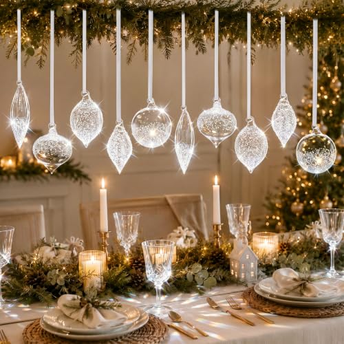 Seenelling 10 Pcs Clear Glass Finial Christmas Ornaments with White Velvet Ribbons - Classic & Vintage Style