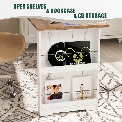 59-Inch L-Shaped Farmhouse Computer Desk with LED Lights, Drawers and Charging