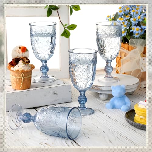 100 Pcs Vintage Embossed Plastic Wine Glasses, 7.5 oz Blue Goblets