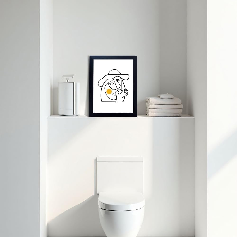 Picasso-Style Funny Bathroom Wall Art | Black Framed Black & White Humor Print (10L x 8W)