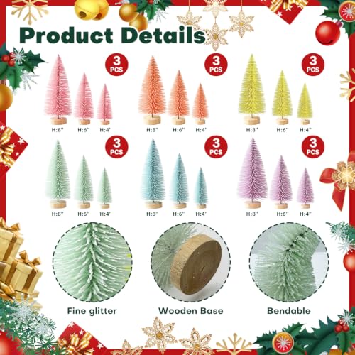 Bijoya 18 Pcs Mini Christmas Trees Set in 3 Sizes with Wooden Bases, 6 Colors