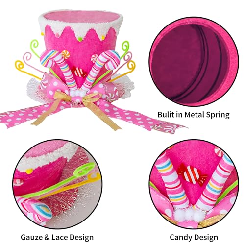 Pink Candy Cane Top Hat Christmas Tree Topper with Long Ribbon Bow