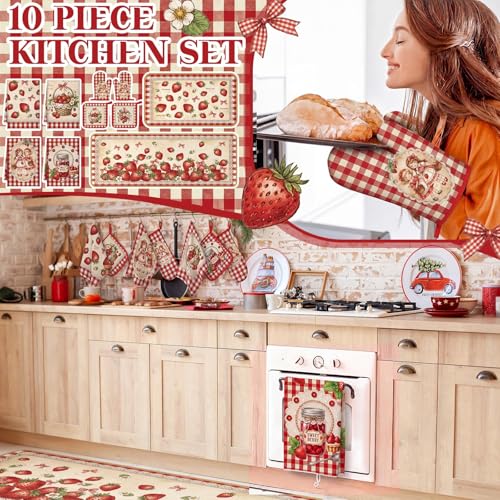 10-Piece Rustic Strawberry Kitchen Decor Set with Towels, Rugs, and Mitts