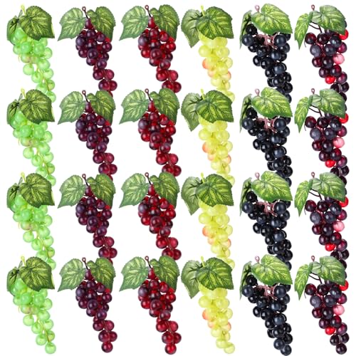 Artificial Grape Set - 24 Lifelike Rubber Grapes with Vines in 6 Colors
