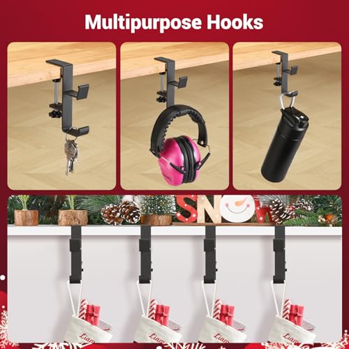 Popamaz 5 Pack Black Christmas Stocking & Garland Holders with 2 Hooks - Adjustable Fireplace Mantle Decor