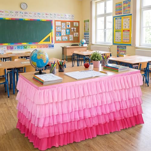 6ft Pink Ruffled Tulle Table Skirt for Rectangle Tables