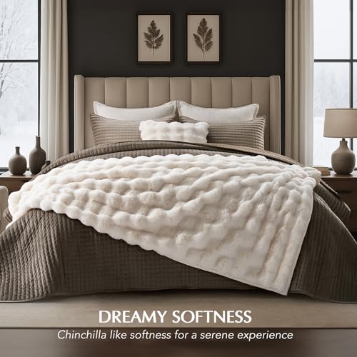 Ivory Faux Rabbit Fur Throw Blanket, 60x80 Inch Sculpted Bubble Texture