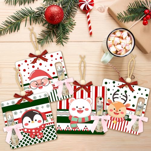 Christmas 07 Wooden Money Holders Set - Santa, Reindeer, Penguin, Holiday Icons, 4 Pcs