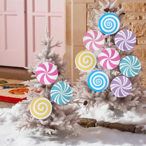 12-Pack Candyland Christmas Tree Picks - Large Peppermint & Lollipop Ornaments, Pink/Blue