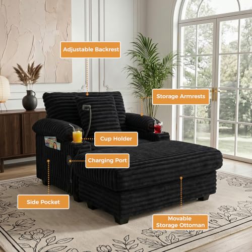 Adjustable Chaise Lounge Chair with Storage Ottoman and USB Charging Port
