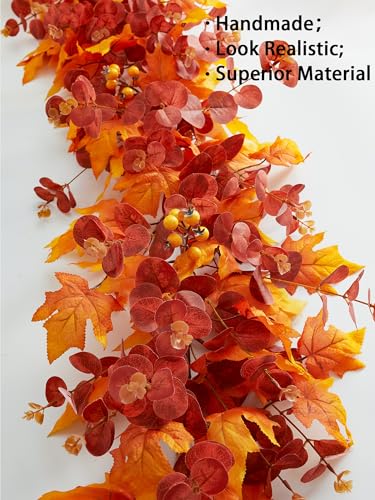 MISSPIN Eucalyptus Maple Leaf Garland - 9ft Fall Leaves Decor for Thanksgiving & Christmas