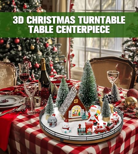 12-Piece Christmas Village Table Centerpiece Set with Rotating Oak Base