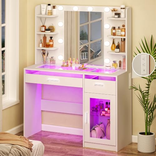 Makeup Vanity Desk with Mirror, LED Lights, Power Outlet and Storage Drawers