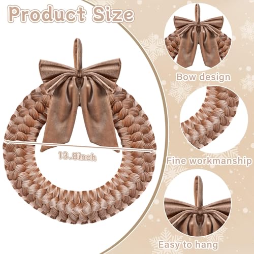 14-Inch Brown Velvet Christmas Wreath with Bow for Front Door Decor