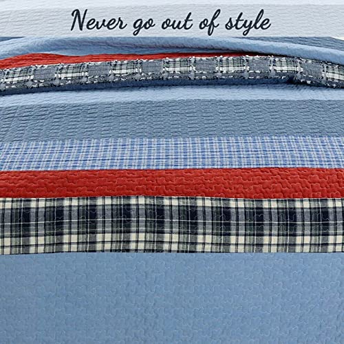 Navy Blue and Red Striped 100% Cotton Queen Quilt Bedding Set - 3 Piece