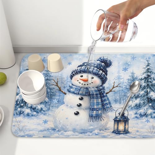 Kawani Blue Snowman Pine Tree Christmas Dish Drying Mat 18x24 Inch