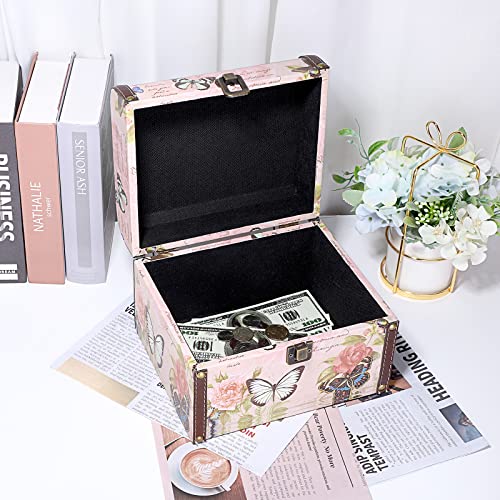 Large Vintage Wooden Treasure Chest Jewelry Box with Butterfly Pattern