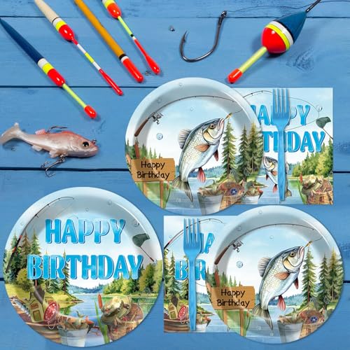 CHUNNIN Fishing Birthday Party Plates Napkins Set for Kids & Teens - Tropical Fish Theme, 96 Pieces